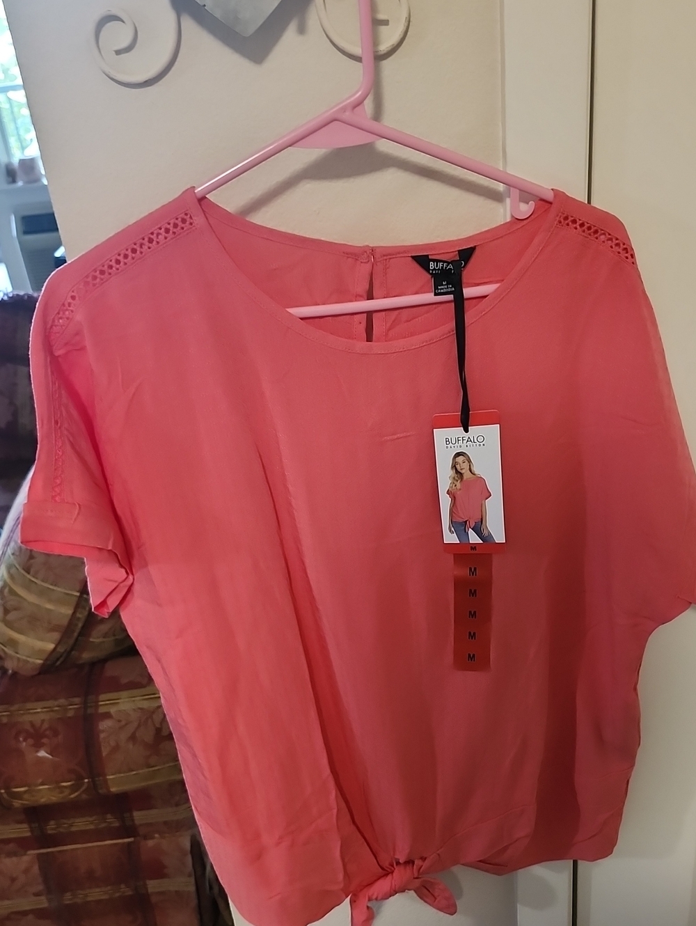 Buffalo David Bitton Coral Pink Short Sleeve Tie-Hem Blouse
